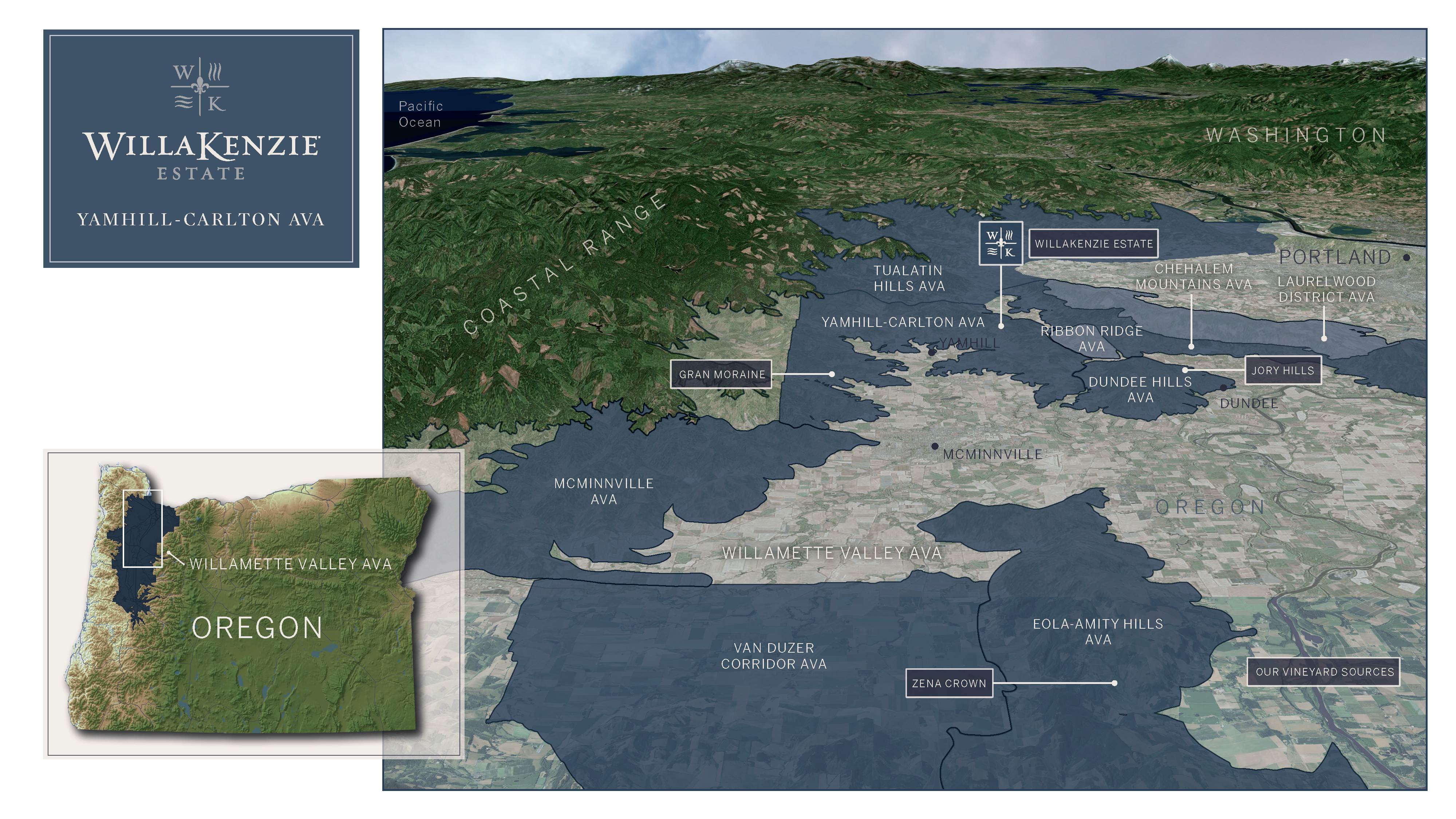 Map of the Willakenzie Estate with each varietal highlighted in a unique color.